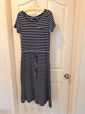 Striped Navy and White Summer Midi Dress with Drawstring Waist